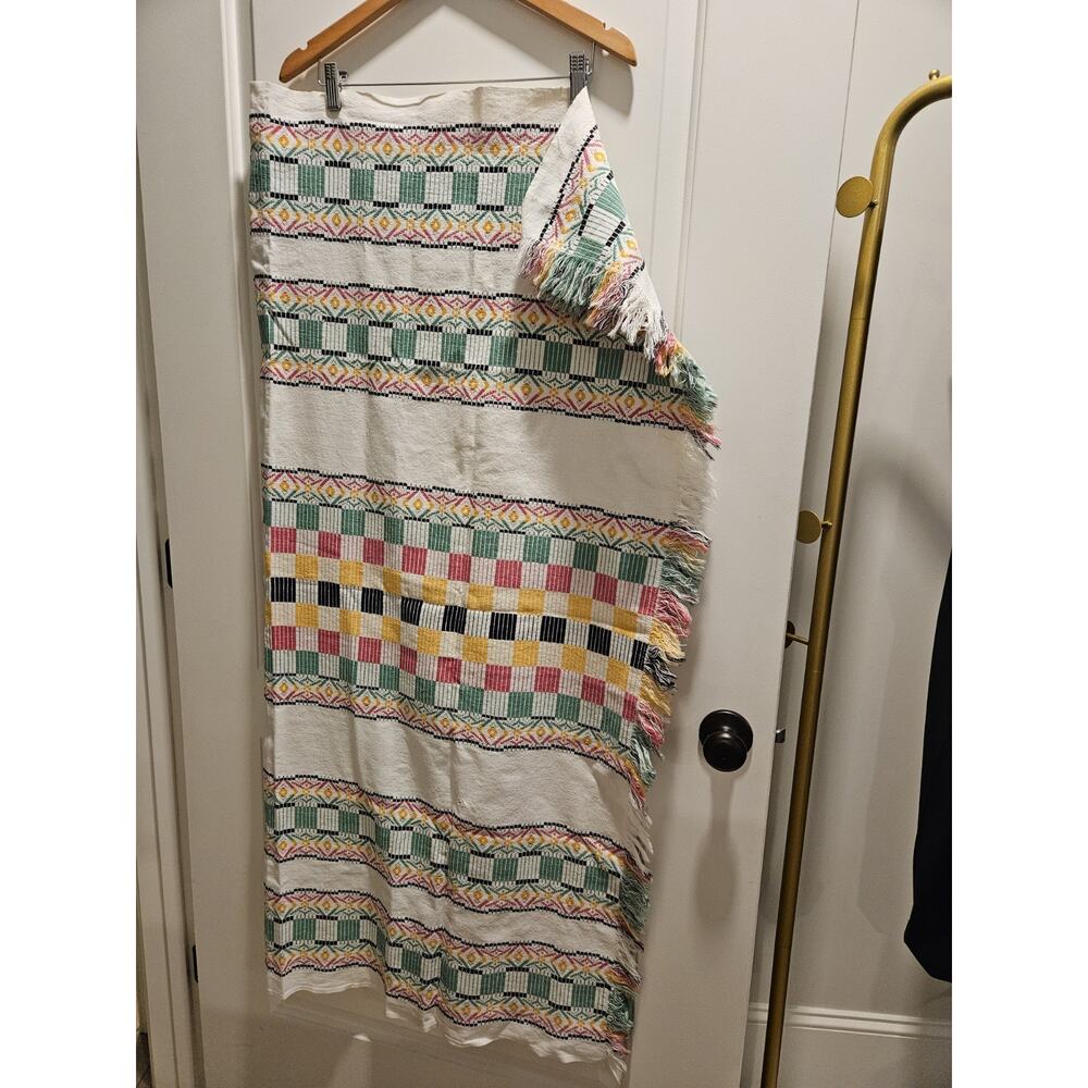 Vtg Mid Cent Modern Geometric Woven Multicolor Ethnic Linen Tablecloth 48"x48"